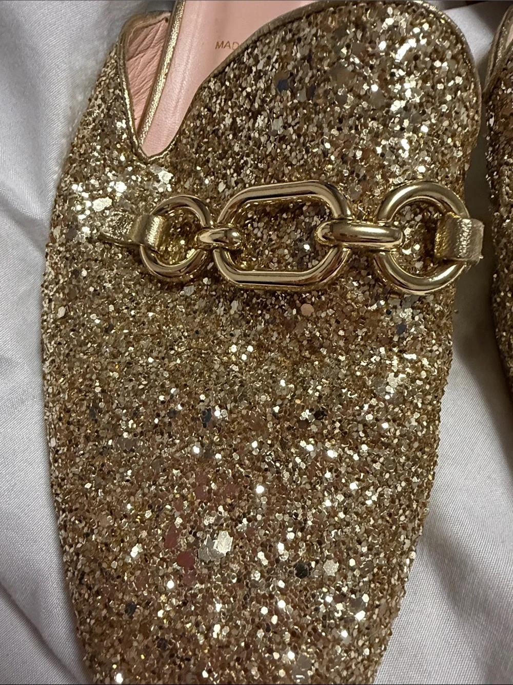 kate spade Gold Glitter Chain-Trim Mules